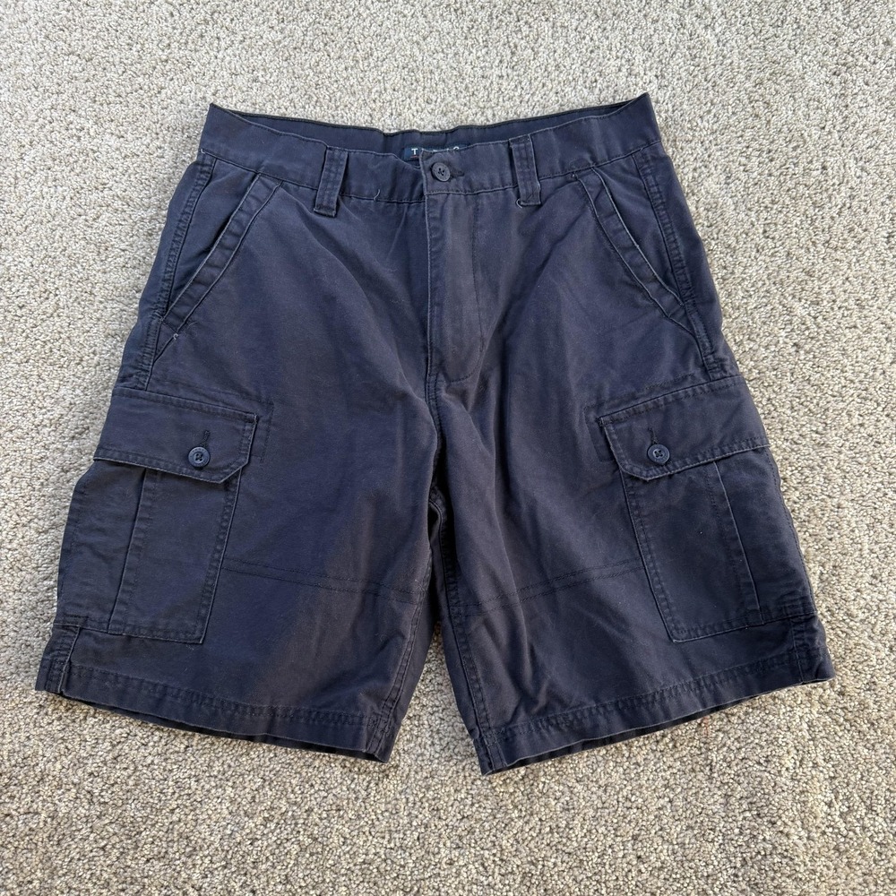THRE3 Baggy Cargo Shorts Mens 34 Blue Cotton Canvas Flat Front 10 Inseam Summer